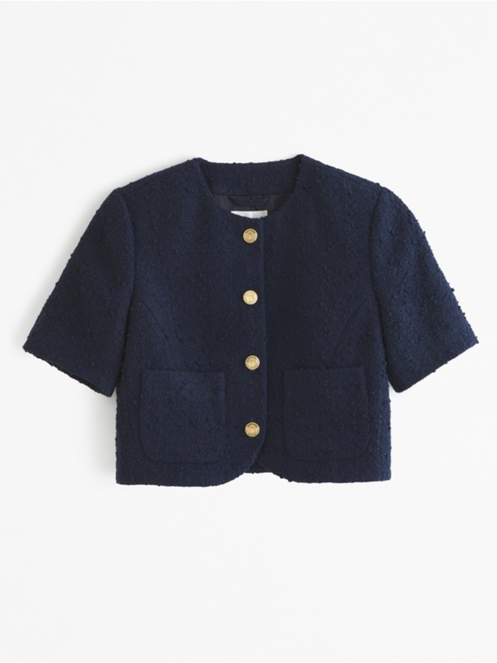 Abercrombie & Fitch Navy Textured Short-Sleeve Cropped Blazer with Gold Buttons